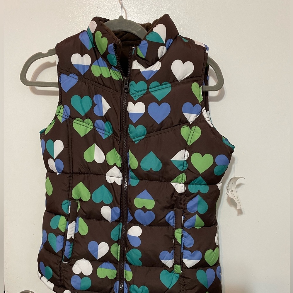 Old Navy Girls XXL 16 full zip Hearts print puffer Vest fleece lined new w tag